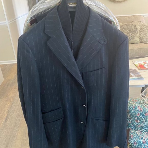Corneliani Mens black & pin stripe coat with zipper chest piece